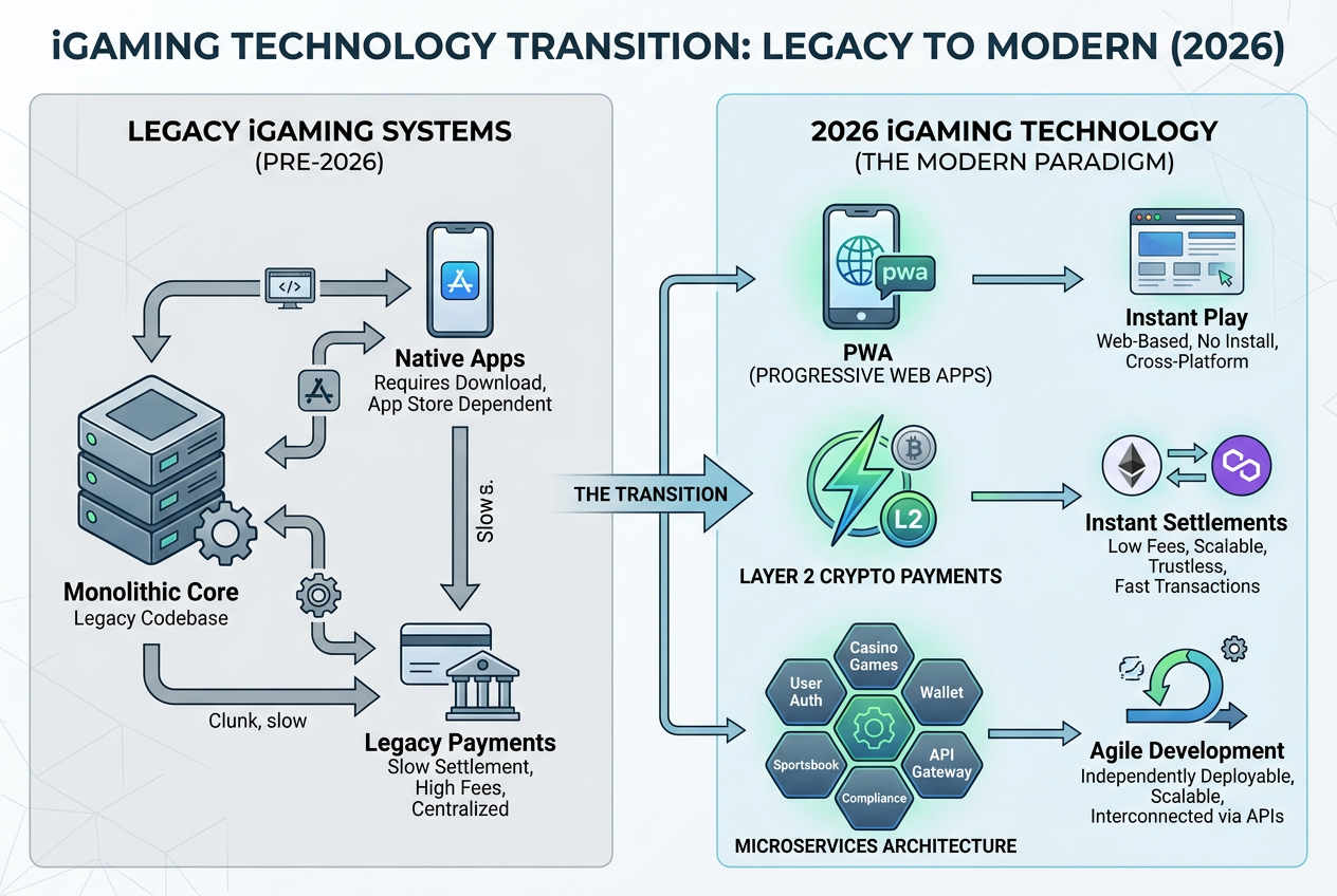 Infografika techniczna przedstawiająca ewolucję systemów iGamingowych w 2026 roku, w tym technologię PWA i płatności krypto
