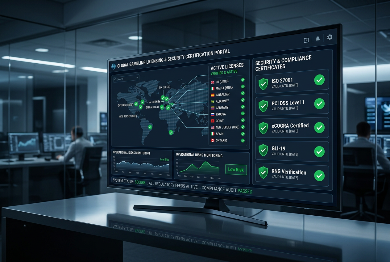 Panel dashboard z globalnymi licencjami hazardowymi i certyfikatami bezpieczeństwa