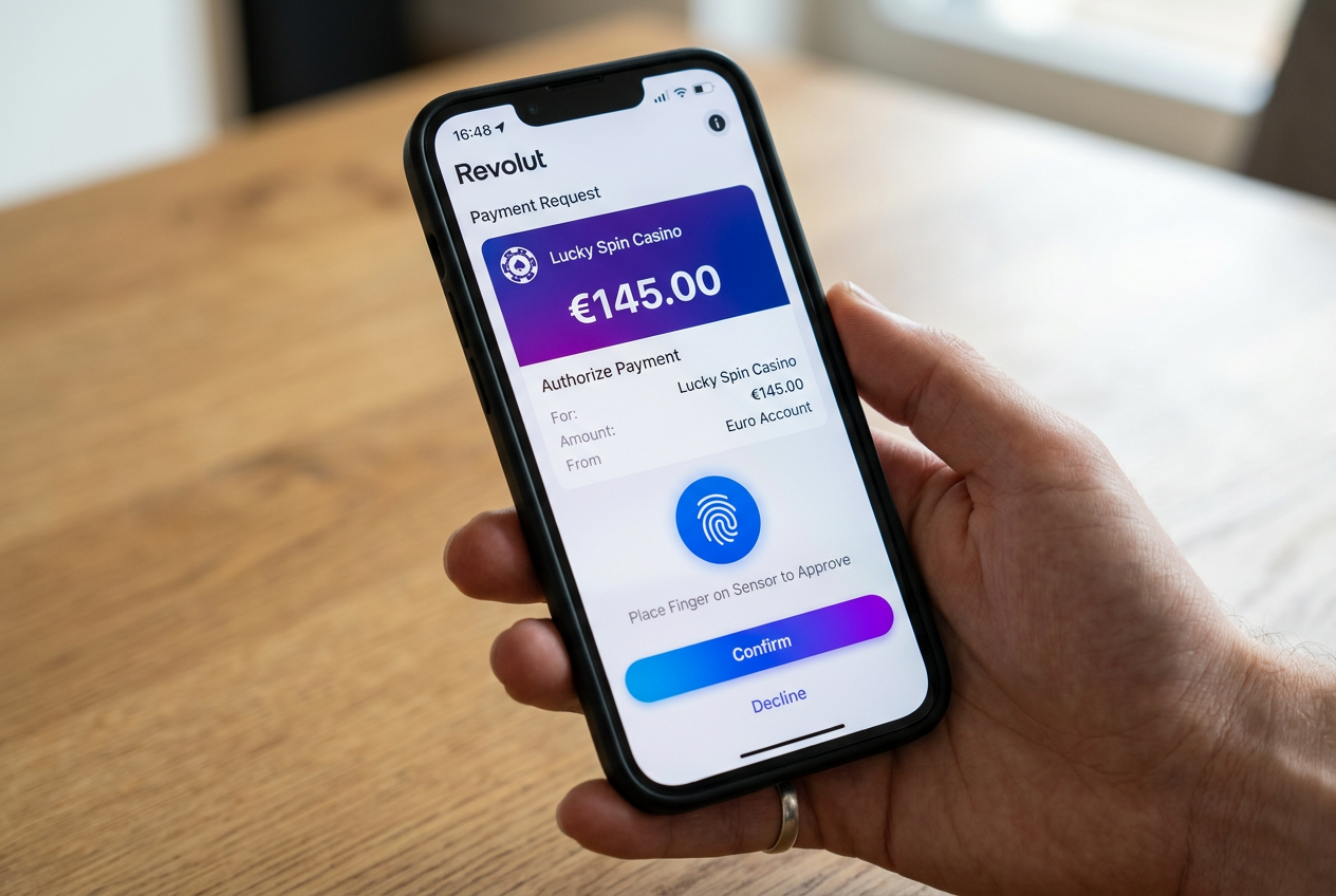 Interfejs aplikacji Revolut z potwierdzeniem bezpiecznej transakcji w kasynie online