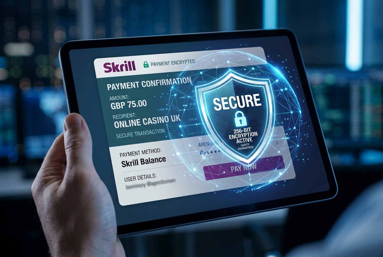 Szyfrowany terminal płatniczy i smartfon z logo Skrill, symbolizujący bezpieczeństwo płatności w kasynie online
